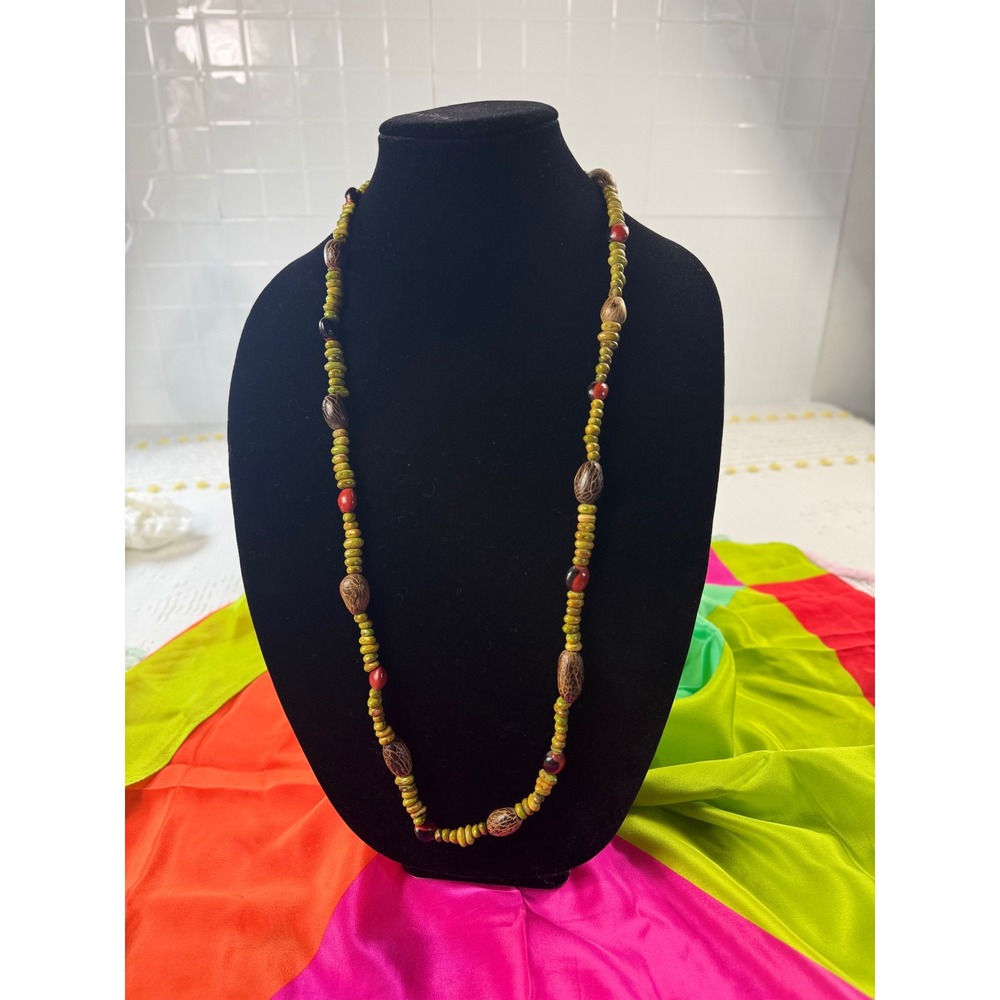 Boho Natural Seed and Wood Beaded‎ Long Necklace Green Brown Earthy Statement